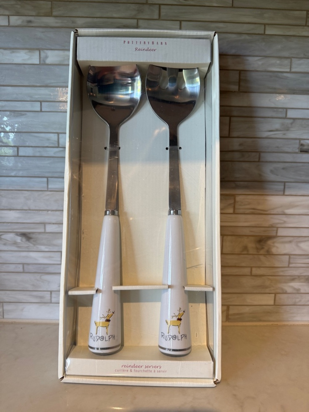 Pottery Barn Reindeer Rudolph Servers Spoon & Fork Ceramic Handle -Holiday Set